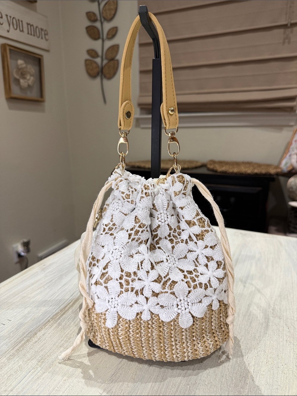 Vintage Source Unknown White Lace & Tan Woven Drawstring Mini Bag